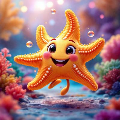 The primary subject of the image is a cartoon starfish, which is the main object, scene, or focus of the image. The setting/background features a colorful underwater environment, with a variety of sea creatures and vibrant colors. The visual style is digital art, as the image is a digital illustration of the starfish. The colors and mood of the image are lively and cheerful, with the starfish and its surroundings being brightly colored and full of life.